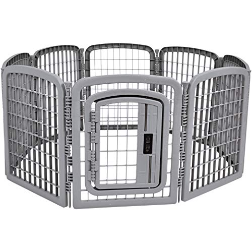 Amazon Basics 8-Panel Octagonal Plastic Dog Playpen, Indoor/Outdoor Pet Fence with Gate, Exercise Pen for Puppies and Small Animals, 28 inches, Grey - color: Grey, size: 28-Inch