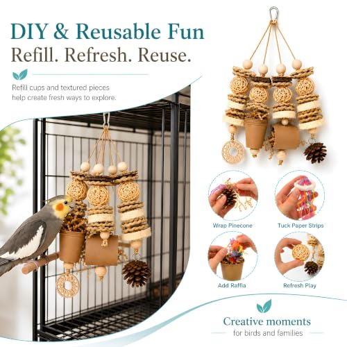 Parakeet Foraging Toy with Loofah & Pine Cone, Bird Chew Toy | For Budgies, Cockatiels, Conures and Quaker Parrots | Multiple Textures for Pecking, Shredding and Active Cage Play