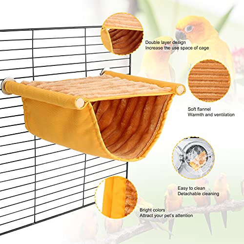 BWOGUE Bird Nest Bed Hanging Hammock, Parakeet Bed for Cage, Cockatiel Bed | Warm Fleece Snuggle Hut, Double-Layer Comfort, Wooden Perch Setup, Washable Hammock - color: Yellow, size: Medium (9"x7.2")