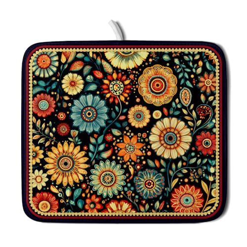Bohemian Style Flowers Drying Pad Boho Floral Dish Drying Mat for Kitchen Counter Absorbent Microfiber Drainer Rack Mat - color: Boho Floral Black, size: 18" x 16"