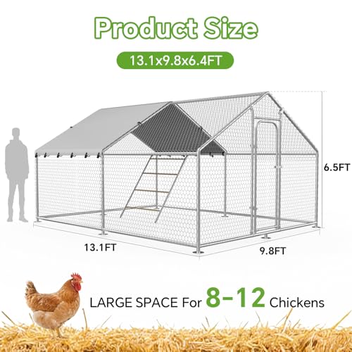 10 x 13.2 x 6.4 FT Metal Chicken Coop, Chicken Run with Cover | Walk-in Metal Chicken Coop, Side Hardware Cloth, Waterproof Cover, Roosting Perch, reinforced frame, Backyard & Farm Use - size: 157.5"L x 119.0"W x 77.2"H
