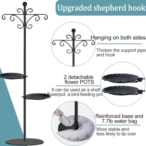 74.5" Shepherd's Hook Stand，Bird Feeder，Wind Chime, Waterproof Metal & Adjustable-Height Pole Holder for Lantern ，Hanging Plants Indoor & Outdoor（2 Placement Racks - color: Black