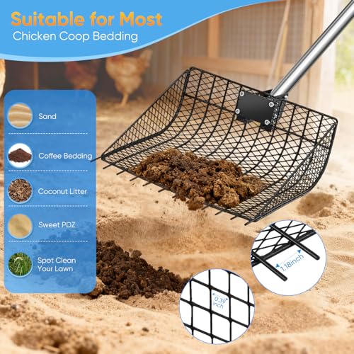 12inch Large Metal Chicken Poop Scooper for Sand with Ergonomic Grip, Adjustable Angle 2 in 1 Chicken Coop Scoop & Rake (39-66"), Stainless Steel Litter Sifting Shovel Chicken Coop Cleaning Tool, Farm