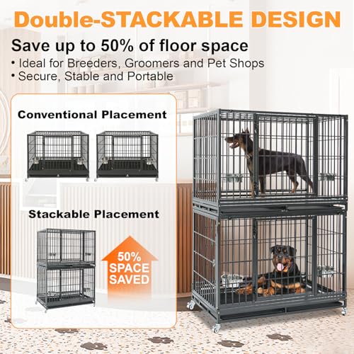 Homey Pet Two Tiers 47 Inch Large Heavy Duty Dog Crate, 6 Pack | Stackable Indestructible Kennel with Dual Trays & Grids, Wheels, Bowls, Escape Proof Locks, Double Doors for Large Dogs - size: 48"L - 2 Tiers - 6 Pack
