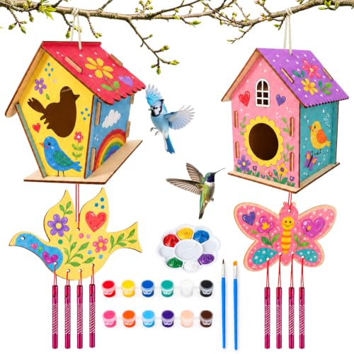 BELEEV 2 Pack Bird House Wind Chime Kit for Kids, DIY Birdhouse Kits to Build & Paint, Include Paints & Brushes, Wooden Arts and Crafts Gift for Children Boys Girls Ages 4-12 - color: 2 Pack Bird House