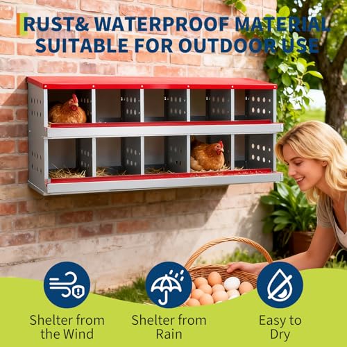 Chicken Nesting Box, 2-Tier 10 Compartments Metal Poultry Nest Box, Hen Laying Box, with Perch & Ventilation Holes, for Backyard Chicken Coops Home Poultry Raising - size: 63.0"L x 18.9"W x 28.0"H