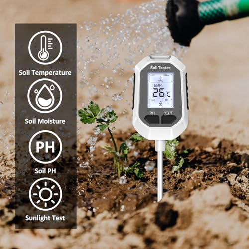 YAMRON 4-in-1 Soil Moisture Meter Digital Plant Temperature/Soil Moisture/pH Meter/Sunlight Intensity Backlight LCD Display Soil Test Meter for Gardening, Farming and Outdoor Plants