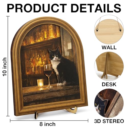 3D Funny Tuxedo Cat Wall Art Sign for Bar Decor, Vintage Drinking Cat Portrait Wall Decor, 8x10 Inch - color: Cat-1