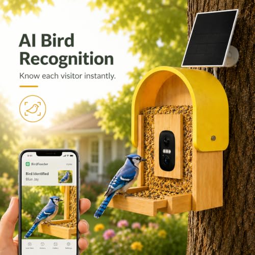 Smart Bird Feeder Camera, 2K HD Solar Powered, AI Bird ID, 2.4GHz WiFi | Solar smart bird feeder with 2K camera, AI bird recognition, app alerts, 2.7L capacity and natural bamboo design.