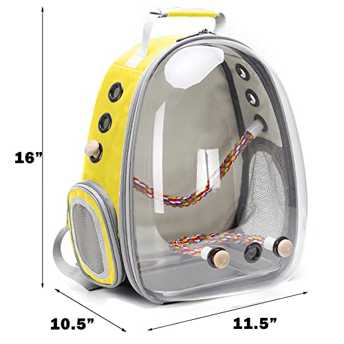 Bird Traval Carrier Cage, Clear Space Capsule Astronaut Backpack to Carry Parakeet Cockatiel Parrot with Metal Tray Wood Perch Bird Feeder, Vet Transport School Bag - color: Yellow