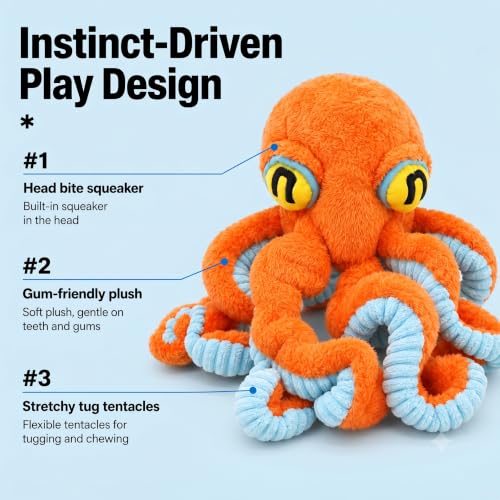 Squeaky Dog Plush Chew Toy, Interactive Tug Squeaky Toy for Chewers, Medium & Large Dogs & Fetch Play, 19.7 Inch Stuffed Octopus Toy with Flexible Spring Tentacles for Gentle Gum Care & Boredom Relief - color: Orange (Big Octopus)