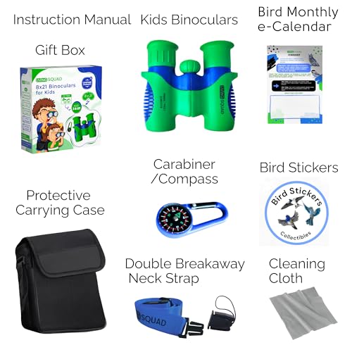 Kids Binoculars Ages 3-12, 8x21 Compact Shockproof Green | bird watching, camping, hiking, for boys and girls, includes carry case, neck strap, compass, carabiner, birthday gift - color: Green/Blue