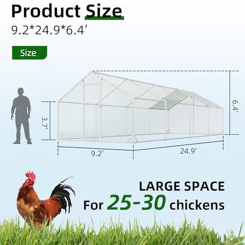 4ever2buy Metal Chicken Coop, 9.5x25 FT Walk-in Chicken Run Pen Poultry Cage, Water-Resistant & Anti-UV Cover, Large Chicken Coop for 25-30 Chickens - size: 298.8"L x 114.0"W x 76.8"H