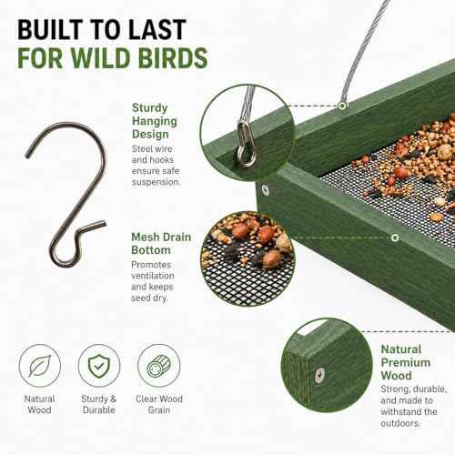 Platform Bird Feeder,Tray Bird feeders Outdoors,Wooden Tray Bird Feeder Hanging Platform,Platform Bird Feeder Tray,Suitable for Birds in Outdoor Gardens and Courtyards(A3-Green)