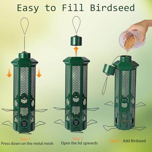 Squirrel Proof Bird Feeders with Removable Base, Metal Wild Bird Feeder for Outdoors Hanging, 6 Weight-Activated Ports Perches, 3LB Seed Capacity(Green) - color: Green