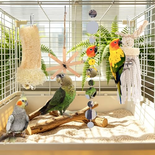 QUOZUO Small Bird Toys Paper Scraps Parakeet Cage Accessories with Bell, Rope Swing Hanging Standing Chewing Toy, Wood Bird Toys for Parakeets, Cockatiel, Parrot, 4pcs