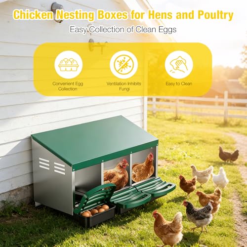 Aivituvin Chicken Nesting Box, 3 Compartments Chicken Egg Laying Box, Metal Nesting Boxes with Swing Perch for Chickens, Roll Away Egg Collection for Chicken Coop (Green) - color: Green