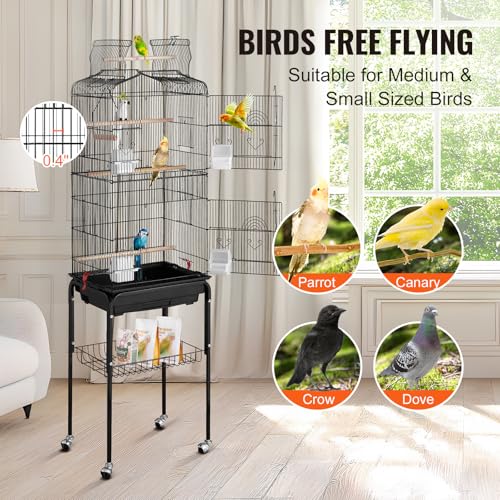 VEVOR 64-inch Open Top Large Parrot Bird Cage with Detachable Rolling Stand for Parakeets Finches Canaries Lovebirds Cockatiels Budgies Small Quaker Conures Flight Birdcage with Swing and Perch - size: 18.0"L x 14.0"W x 59.5"H