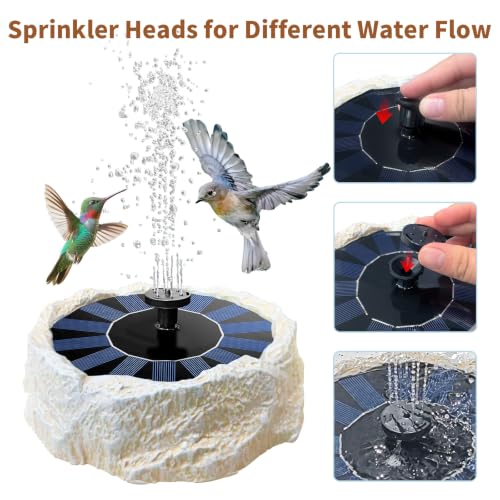 Solar Fountain for Bird Bath with Solar Panel Upgraded Faux Granite Rock Water Pump with 6 Nozzles for Birdbath Outdoor Garden Pond Pool Fish Tank Attracts Birds Energy-Efficient Backyard Decor Beige
