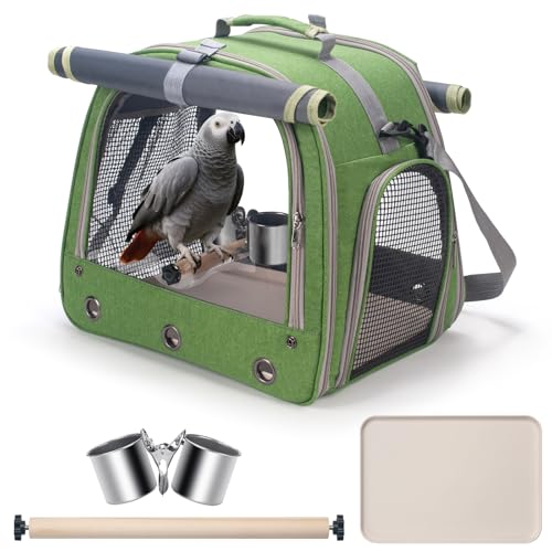 Bird Carrier Parrot Travel Cage with Perch, Food Bowl, Tray and Breathable Clear Window, Bird Travel Bag for African Gray Cockatiel Caique Conure Quaker, for Vetting Camping Hiking (Green) - color: Green