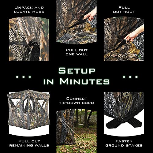 Tangkula 3 Person Pop up Ground Blind, Portable Hunting Blind with Mesh Windows, Carrying Bag & Ground Stakes, Camouflage Hunting Tent with Hub System, Camo Deer Blinds for Hunting - style: Trapezoidal window