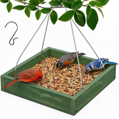 Platform Bird Feeder,Tray Bird feeders Outdoors,Wooden Tray Bird Feeder Hanging Platform,Platform Bird Feeder Tray,Suitable for Birds in Outdoor Gardens and Courtyards(A3-Green)