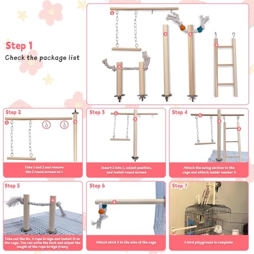 PINVNBY Bird Playground, Wood Parrot Play Gym Stand Perch Bird Cage Accessories for Small and Medium Parakeet Cockatiel Conure Love Birds Finch