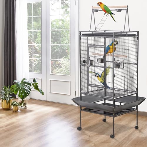 HSM 68 Inch Wrought Iron Large Bird Flight Cage with Rolling Stand | Bird Flight Cage Casters, Slide-out Tray for African Grey Parrot Parakeets Canaries Parrot Cockatiels Lovebirds Conures