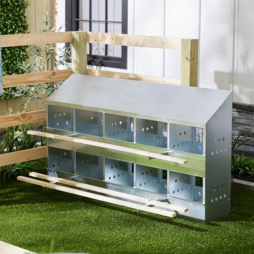 Brower 2-Tier 10-Hole Galvanized Steel Chicken Nesting Box, 50 to 60 Hen Capacity – Outdoor Poultry Laying Station with Hinged Folding Perches, Ventilated Design & Slanted Roof – Made in the USA | Outdoor Poultry Laying Station with Hinged Folding Perches