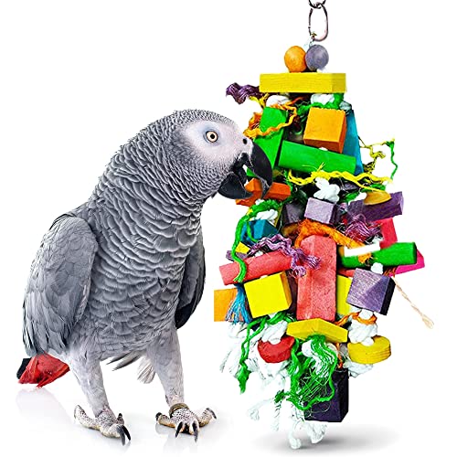 SunGrow Parrot Wooden and Rope Chewing Toy, Multi-Shaped and Multicolored Blocks and Cotton Rope with Hanging Loop (6 Inches)