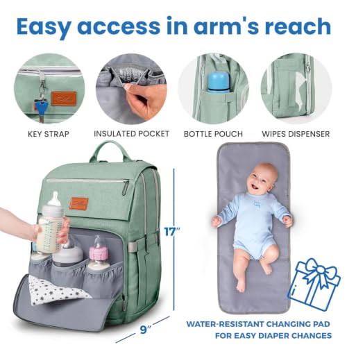Baby Diaper Bag Backpack - Baby Bag for Boys & Girls, Large Waterproof Diaper Backpack - Toddler Diaper Bag with Changing Pad, Boy Baby Shower Gifts for Mom - Newborn Stuff, Baby Essentials - color: H. Mint, style: Classic