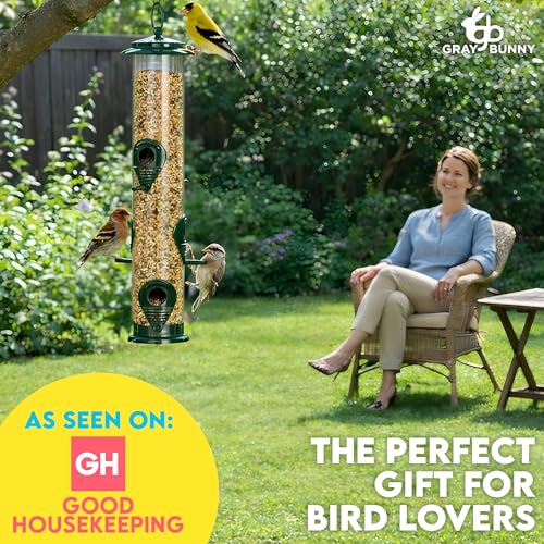 Gray Bunny Squirrel Proof Bird Feeders for Outdoors 6 Port Metal Tube | Bird feeder squirrel proof, locking lid & adjustable hanger, chew-proof, weather resistant, easy clean - color: Green