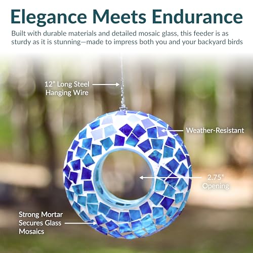 Sunnydaze Mosaic Glass Bird Feeder, Fly-Through, Blue Mosaic | 6" Small Unique Hanging Bird Feeder for Outdoors, Drainage Hole, Weather-Resistant, Birdfeeder for Cardinals, Jays, & Finches - color: Blue Mosaic