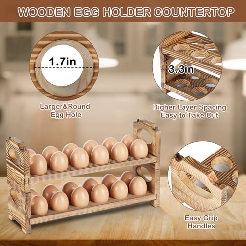 Wooden Egg Holder Countertop, 2-Tier/24-Hole, Stackable | Farmhouse Style, With Handle, Storage & Organizer, Durability, Assembly, For Chicken/Duck/Quail/Turkey/Easter Eggs - style: 2-Tier