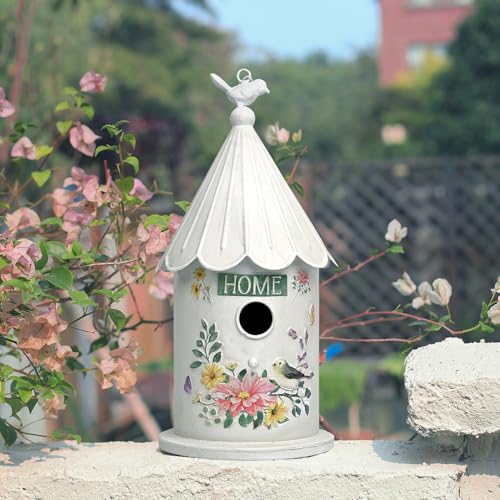 Metal Hanging Birdhouses for Outdoors Bird Houses for Outside Unique Bird Nest for Bluebird Wren Chickadee Sparrow Bird Nest Box for Garden Patio - color: White A