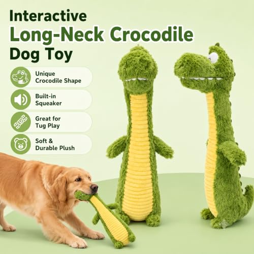 Squeaky Dog Plush Chew Toy, Interactive Tug Squeaky Toy for Chewers, Medium & Large Dogs & Fetch Play, 18.5 In Stuffed Long-Neck Crocodile Toy with Soft Plush Body for Gentle Gum Care & Boredom Relief - color: Green (Long‑Neck Crocodile)