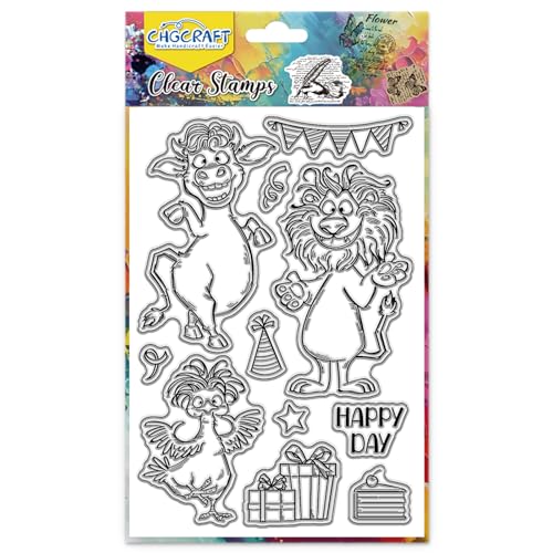 CHGCRAFT Happy Animal Clear Stamps Cow Chicken Lion Transparent Stamps Animal Party Silicone Clear Stamp Seals for Carding Making DIY Scrapbooking Photo Album Decoration, 4.3x6.3 inch - style: Animal Party