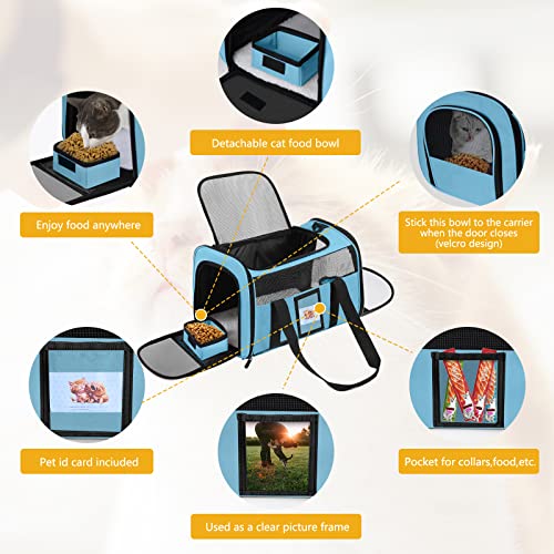 17" Soft Cat Carrier with Shoulder Strap for Travel-Blue | TSA compliant fits under seat, soft-sided lightweight, breathable, top/side entry with zippers,collapsible food bowl - color: Blue