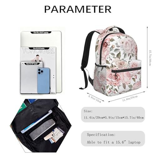 Rose Floral Casual Backpack, Lightweight Laptop Bag Daypack, Pink Wildflower Backpacks for Women Men Teens Students, Nature Garden Polyester Bookbag Gifts for School Work Travel Hiking - color: Rose 02