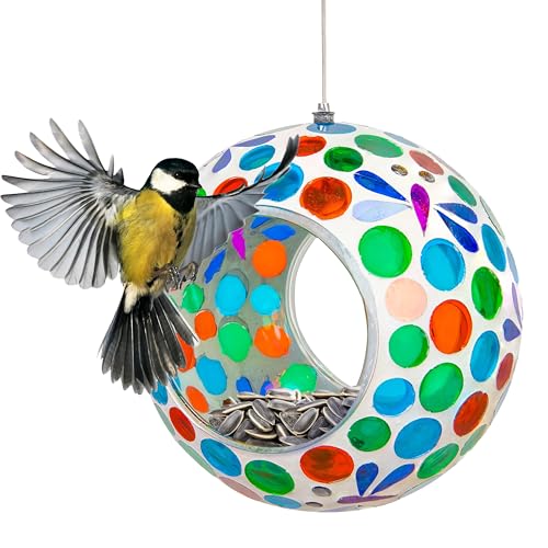 Sunnydaze Mosaic Glass Bird Feeder, Fly-Through, Dragonfly Dreams | 6" Small Unique Hanging Bird Feeder for Outdoors, Drainage Hole, Weather-Resistant, Birdfeeder for Cardinals, Jays, & Finches - color: Dragonfly Dreams