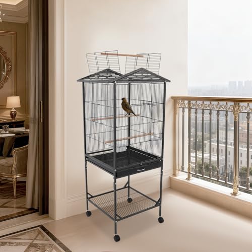 Bird Cage, 18.11 x 18.11 x 49.21 Inch Mobile Bird Flight Cage Large Metal Parakeet Cage w/Slide-Out Tray & Storage Shelf for Budgerigars Lovebirds Kea Parrots & Sun Conures - color: Black, size: 18.1"L x 18.1"W x 49.2"H