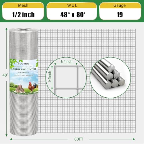 Gbekery Hardware Cloth 1/2 inch 48in x 80ft 19 Gauge, Hot-dip Galvanized After Welding Chicken Wire Fence Roll Garden Plant Welded Metal Wire Fencing Roll, Rabbit Cages Snake Fence - color: Silver, size: 1/2 inch 48in x 80ft