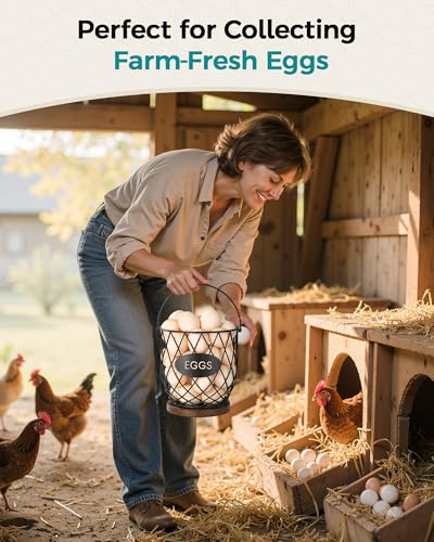 Chicken Egg Basket for Gathering Fresh Eggs, Wire Egg Collecting Basket | Metal Handle, Wooden Base, Round Egg Holder Countertop, Vintage Farmhouse Kitchen Decor, Fruit Storage - color: Rustic Brown