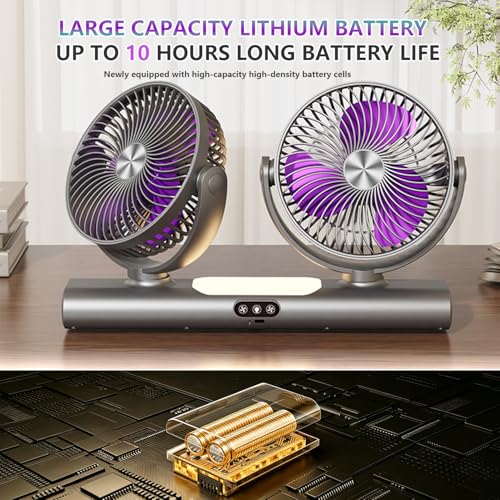 Quiet Fan with 360° Dual Heads, Battery Operated Desk Fan, 3-Speed Side Table Fan, Bedside Table Fan with Night Light, Portable Fan Wall Mount or Ceiling Hanging for Camping Bedroom Office (Grey)