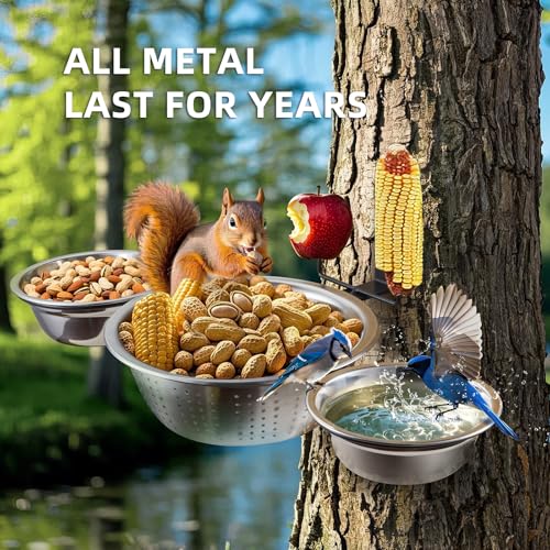 3-Hoop Squirrel/Bird Feeder, 2025 Cute Metal Bowl Outside Tree Mounted,1 x 8.5in Drainage Bowl+2 Corn Cob Spikes for Dry Food,2 x 5in Solid Bowls for Wet Food/Water, Perfect Squirrel Feeders for Yard - size: 3-Hoop - 19.5" Length