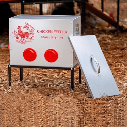 1pc 40 lb Chicken Feeder Box-6 Ports Large Metal Automatic Chicken Feeder Rat Proof with Locking Lid and Legs Galvanized for Chickens, Ducks, Geese(T1)