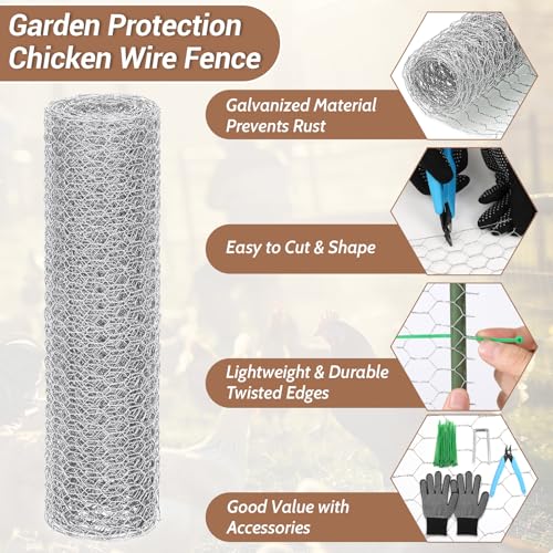 Floral Chicken Wire for Craft, 15.7 Inch x 10 FT Lightweight Galvanized Hexagonal Chicken Wire Netting, Silver Chicken Wire Fence for Garden Poultry Chicken Wire Mesh with Gloves, Wire Ties, Plier - size: 15.7 Inch x 10 FT
