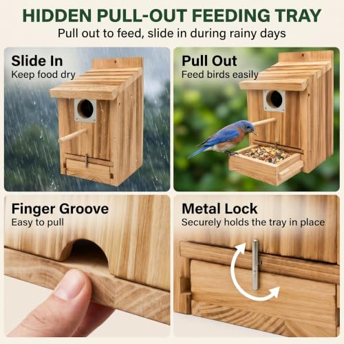 2-in-1 Bird House Feeder Carbonized Wood Outdoor Birdhouse Bluebirds|Carbonized Wood Birdhouses for Outdoors Clearance, Hanging Outdoor Birdhouse for Bluebird Wren, Casitas para Pajaritos - color: Pull-out