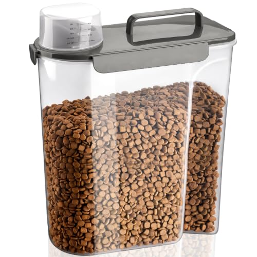 TIOVERY Dog Food Storage Container, 10 Lbs Airtight Pet Food Containers, Cat Food Container Dispenser Bin with Pouring Spout, Portable Handle & Measuring Cup for Dog Treats, Cat Kibble, Bird Feed Grey