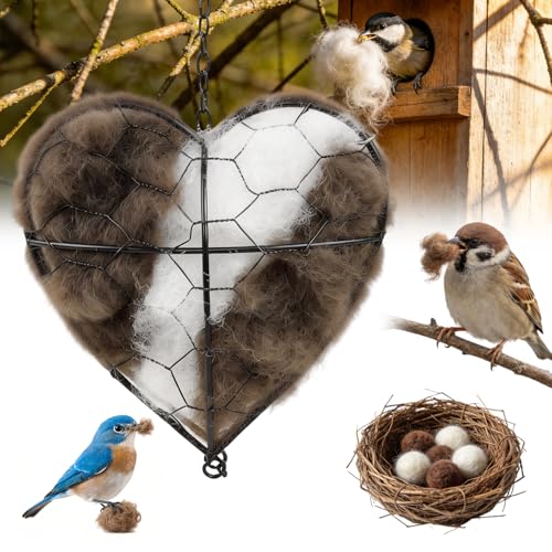 Handmade Alpaca Fiber Bird Nesting Heart, Birds Nests Material Holder, Hummingbird Houses Nest Boxes, Winter Tree Shelter for Wild Birds, Gifts for Outside Garden Art Birdhouse, Birds Lovers (1)